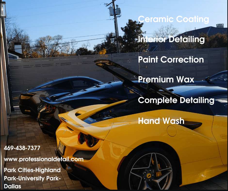 Black White and Red Modern Auto Detailing Facebook Post Luxury sports cars lineup in Dallas auto detailing bay showcasing Park Cities Mobile Detail services including ceramic coating, paint correction, and complete detailing.